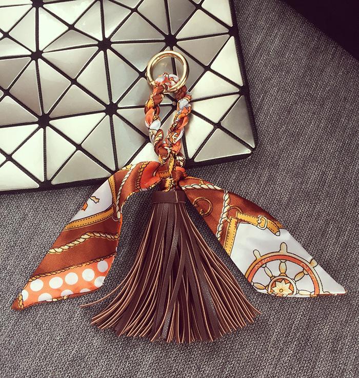 Leather Silk Scarf Tassel Bag Pendant Keychain