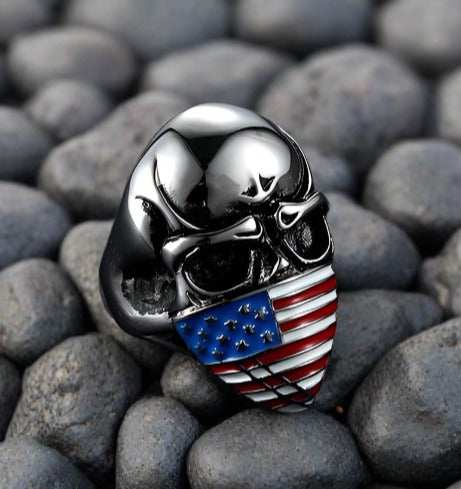 American Flag Skull Steel Punk Ring