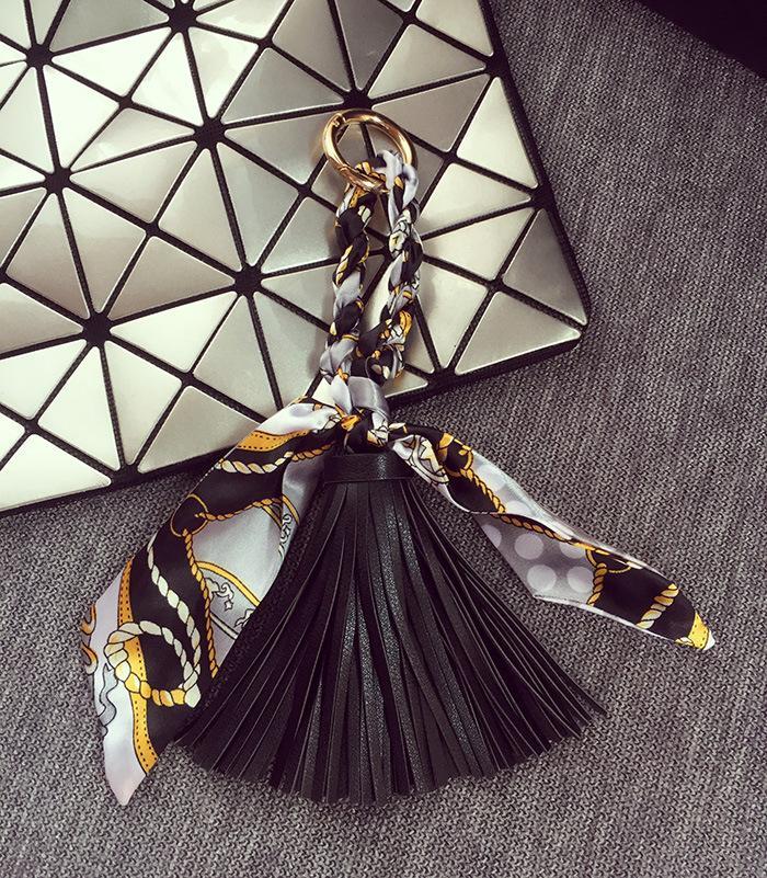 Leather Silk Scarf Tassel Bag Pendant Keychain