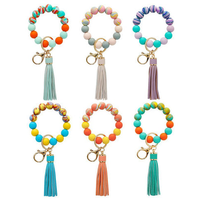 Color Silicone Beads Tassel Bracelet Wrist Keychain