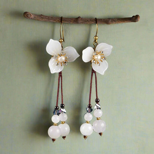 Glass Petal Pearl Hand Woven Pendant Earrings