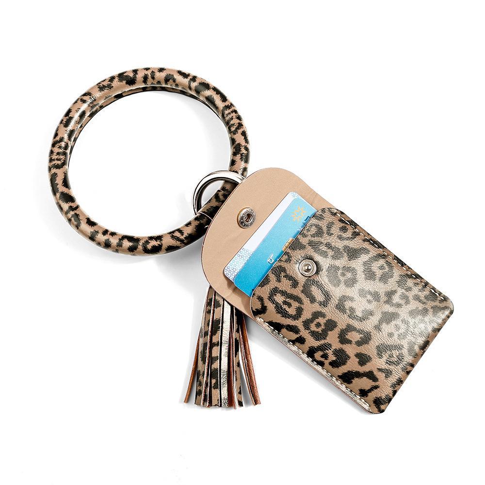Bracelet Keychain Leopard PU Leather Fringe Card Wrist Wallet