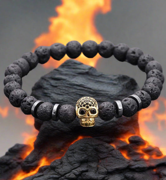 Handmade Black Eye Skull Lava Stone Bracelet