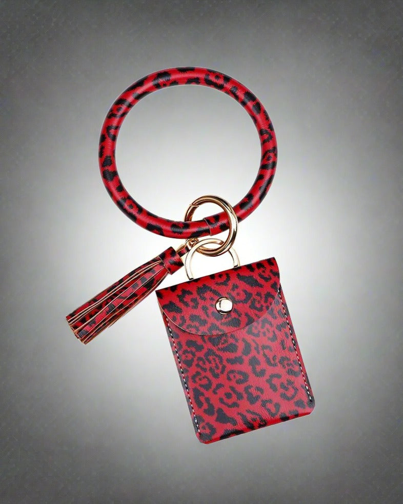 Bracelet Keychain Leopard PU Leather Fringe Card Wrist Wallet