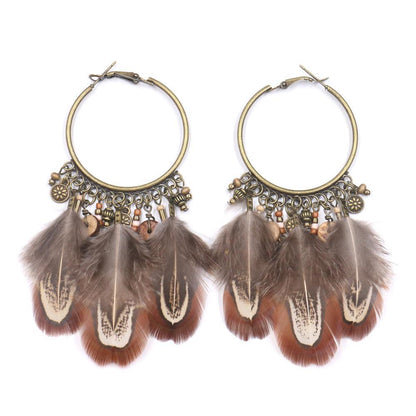 Retro Ethnic Round Gradient Feather Pendant Earrings