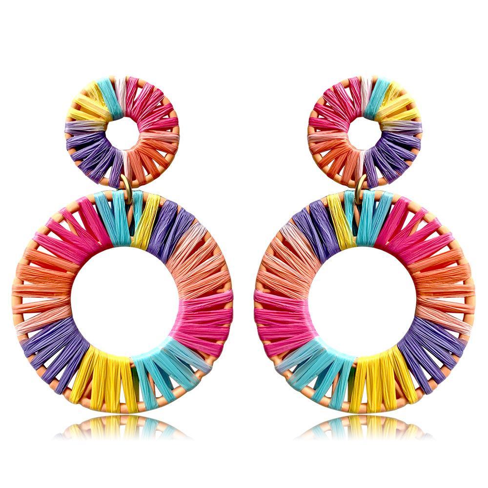 Colorful Lafite Hand woven Geometric Double Round Earrings