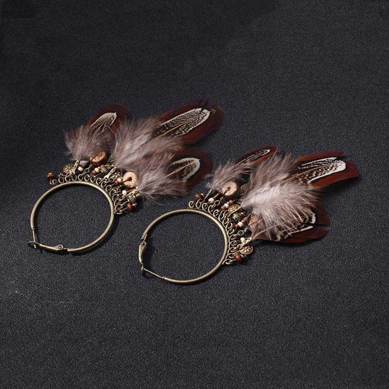 Retro Ethnic Round Gradient colour Feather Pendant Earrings