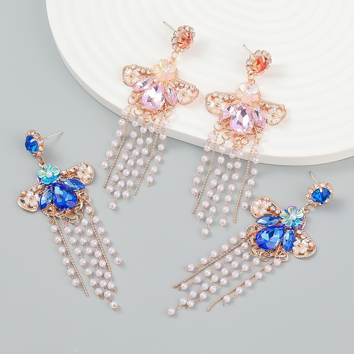 Large Rhinestone Tassel Drop Earrings