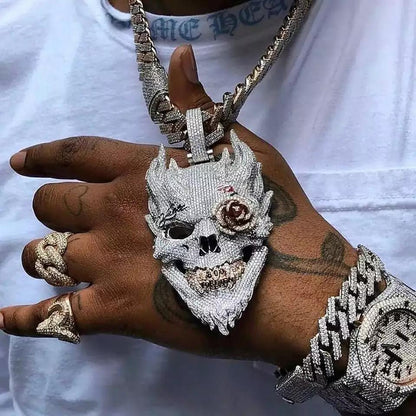 Rock Punk Men CZ Big 3D Shaped Skull Necklace