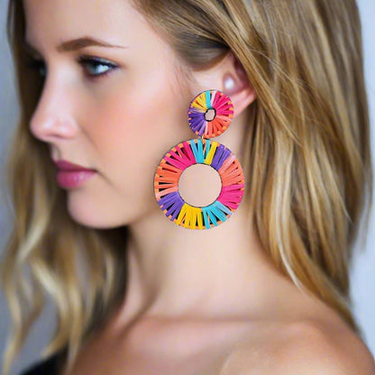 Colorful Lafite Hand woven Geometric Double Round Earrings