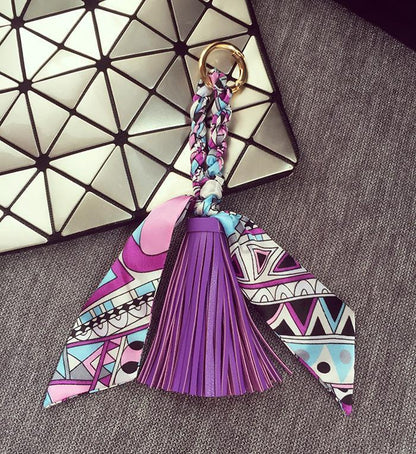 Leather Silk Scarf Tassel Bag Pendant Keychain