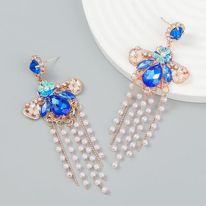 Large Rhinestone Tassel Drop Earrings