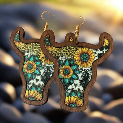 Handmade Wooden Cow Head Bezel Sunflower Earrings